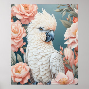 Poster Bébé mignon Cockatoo Parrot Fleurs roses douces