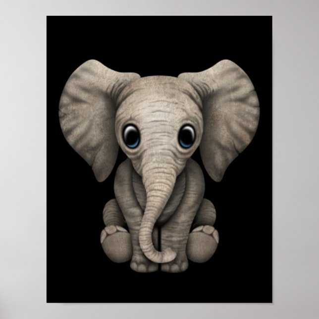 Poster Bébé mignon Eléphant Calf assis, Noir (Devant)