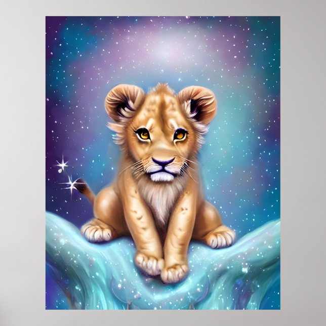 Poster Bébé mignon Lion Cub Arrière - plan neigeux (Devant)