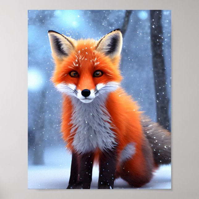 Poster Bébé mignon Renard rouge dans la neige (Devant)