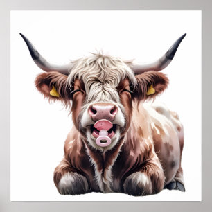 Poster Bébé mignon vache Highland avec fleurs - Agritouri