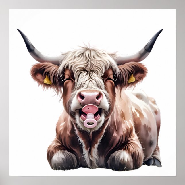 Poster Bébé mignon vache Highland avec fleurs - Agritouri (Devant)