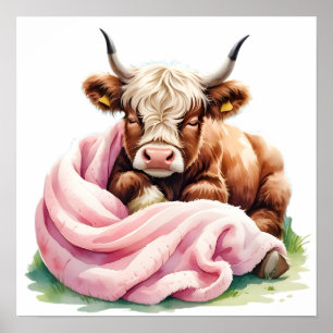 Poster Bébé mignon vache Highland avec fleurs - Agritouri