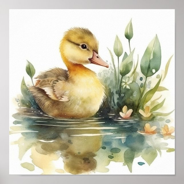 Poster Bébé mou Canard, Canard sur une étang aquarelle (Devant)