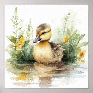 Poster Bébé mou Canard, Canard sur une étang aquarelle