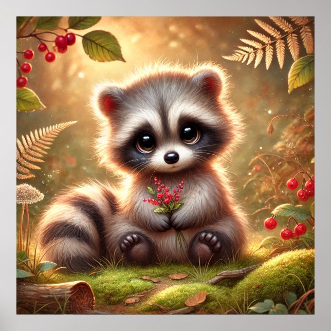 Poster Bébé mou Raccoon avec baies rouges - Forêt de bois (Devant)