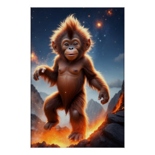Poster Bébé Orangoutan et Volcano