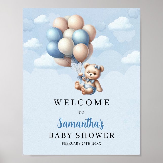 Poster Bébé ours bleu ballons d'ivoire Baby shower accuei (Devant)