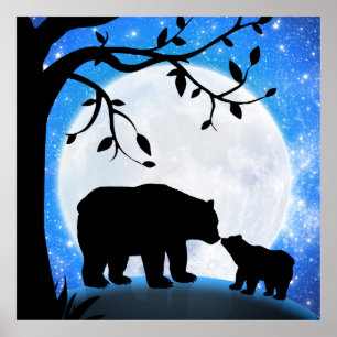 Poster Bébé ours et mère silhouette de lune sous les étoi