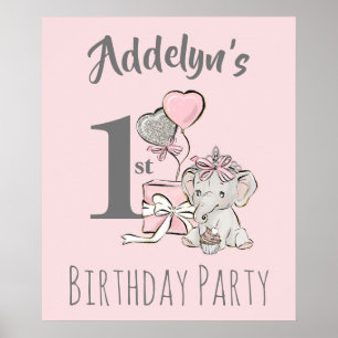 Poster Bébé Princesse Éléphant Fille Rose Gris 1er Annive