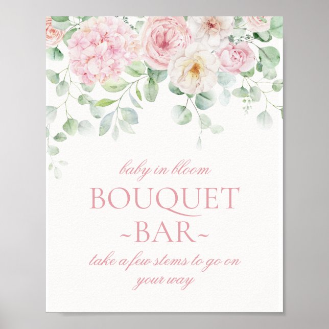 Poster Bébé rose floral en fleurs Hydrangea Bouquet Bar (Devant)