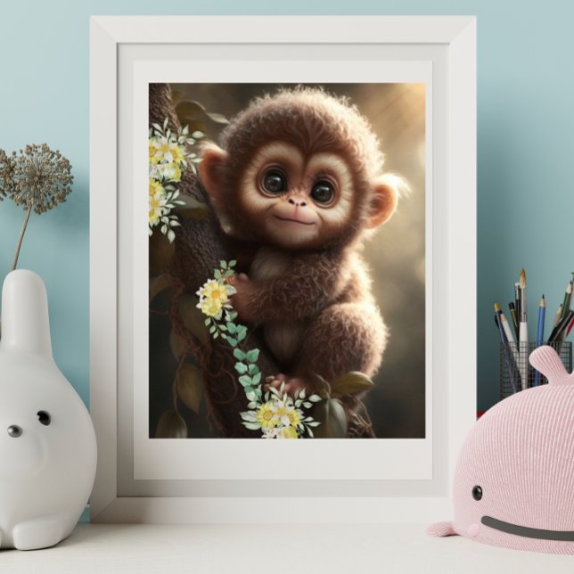 Poster Bébé singe mignon assis sur un arbre avec des fleu (Créateur téléchargé)