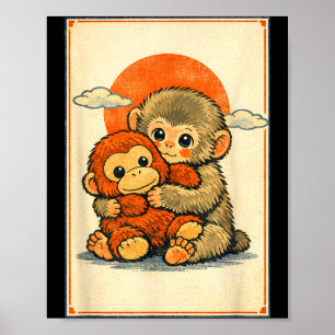 Poster Bébé singe mignon kawaii macaque japonais ukiyo-e