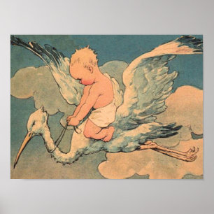 Poster Bébé sur une cigogne