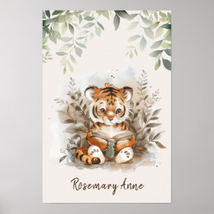 Poster Bébé Tigre Lisant des Livres Nurserie Jungle Anima