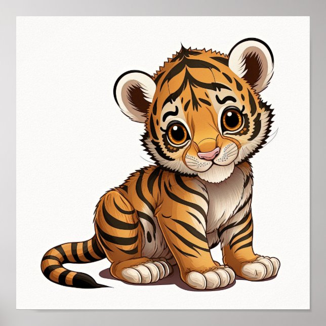 Poster Bébé tigre mignon assis sur fond blanc (Devant)