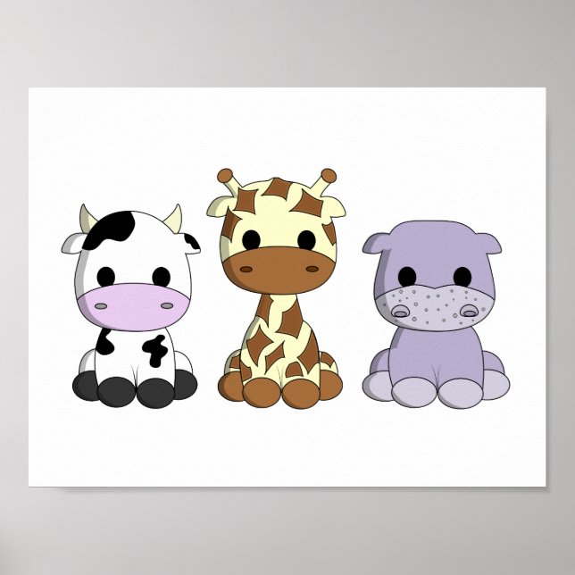 Poster Bébé vache girafe hippopotame mignon dessin animé  (Devant)