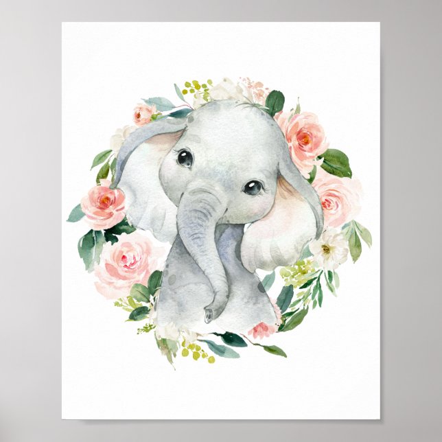 Poster Bébée mignonne fille Eléphant Floral (Devant)