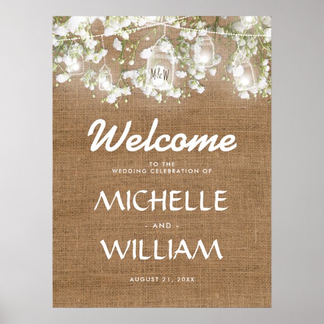 Poster Bébé's Breath Rustic Burlap Mariage Bienvenue (Devant)