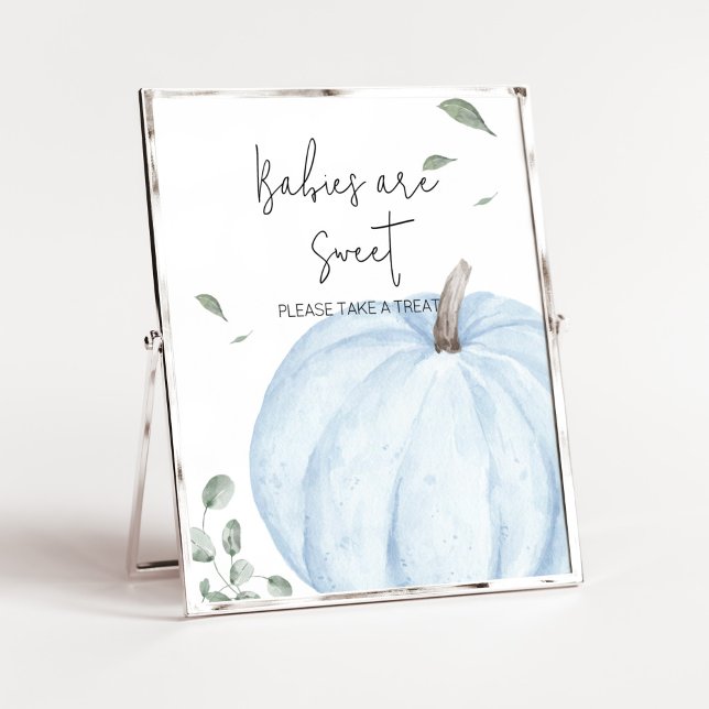 Poster Bébés Citrouilles minimalistes bleus doux (Watercolor Pumpkin Baby Shower Babies are Sweet Sign)