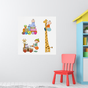Poster Bébés Garçons avec Train de Nurserie Girafe et Cha