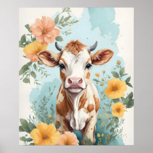 Poster Bébés mignons animaux Vache adorable Fleur de ve