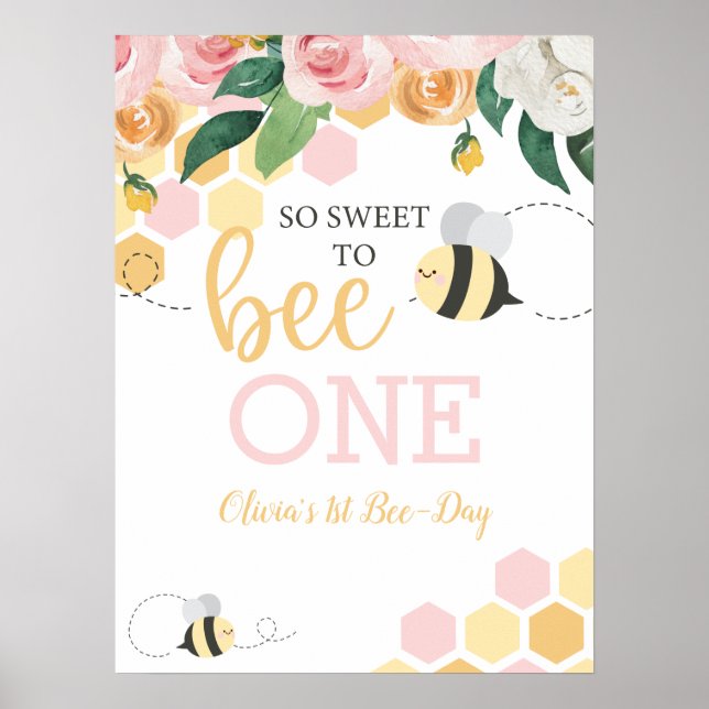 Poster Bee Day Bumblebee 1er anniversaire rose floral (Devant)