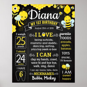 Poster Bee First Birthday Party chalkboard garçon fille