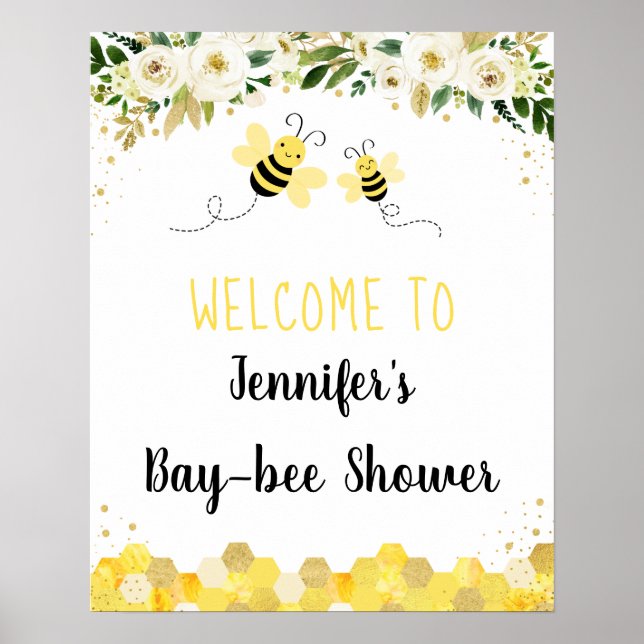 Poster Bee Gold Floral Genre Neutre Baby shower Bienvenue (Devant)