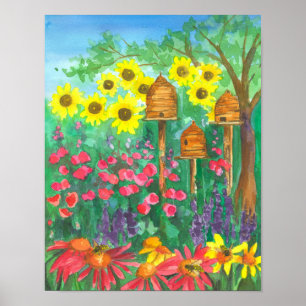 Poster Bee Skep Coneflower Jardin Aquarelle Sunflower