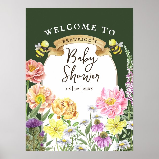 Poster Bee verte et Baby shower Fleur sauvage Bienvenue (Devant)