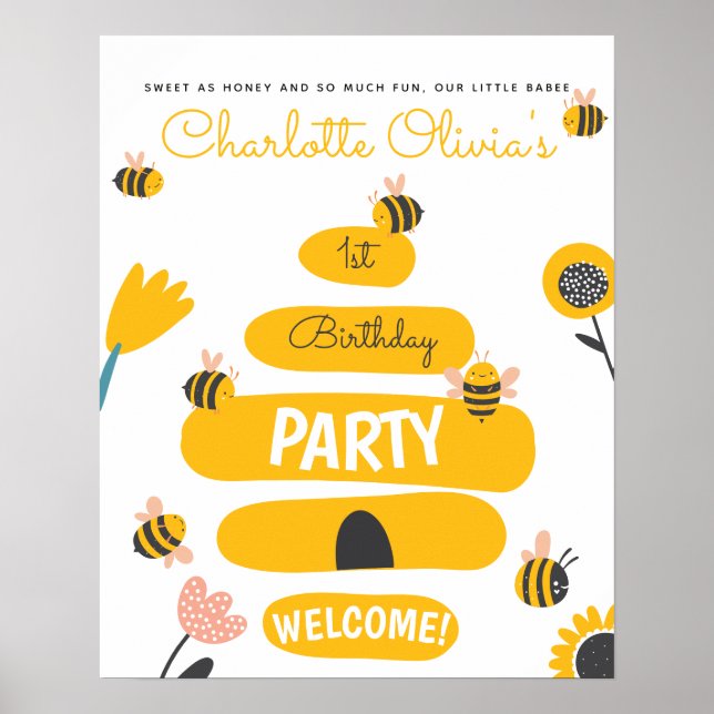 Poster Bee Yellow & Pink Floral ONE 1er anniversaire de b (Devant)