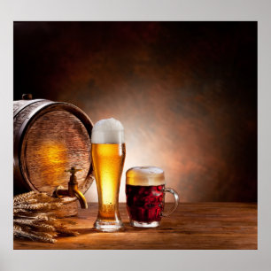 Poster Beer barrel with beer glasses on a wooden table 2