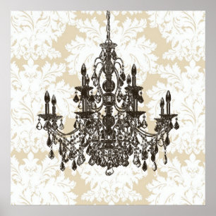 Poster Beige Damask Chandelier Wall Art Print