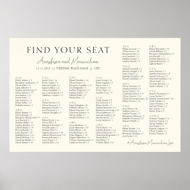Poster Beige Minimal Wedding Alphabetical Seating Chart (Devant)