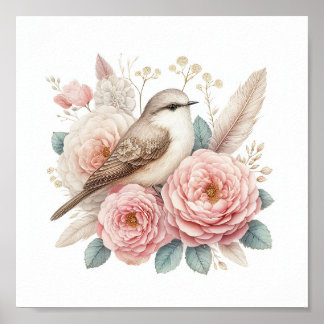Poster Bel Oiseau & Roses