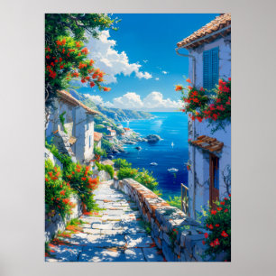 Poster Bel village côtier en été