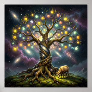 Poster Bélier et Arbre de Vie parmi les étoiles et les ga