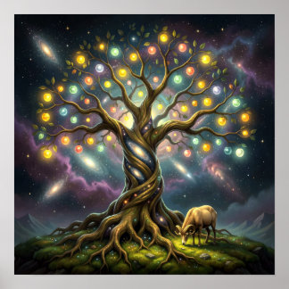 Poster Bélier et Arbre de Vie parmi les étoiles et les ga