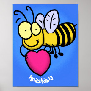 Poster Belle abeille drôle avec dessin animé du coeur