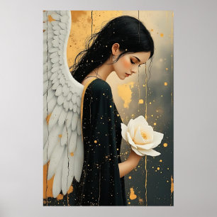 Poster Belle ange gothique et rose blanche céleste