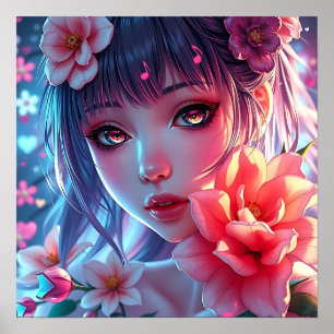 Poster Belle Anime Girl Glitchcore Floral