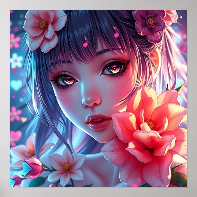 Poster Belle Anime Girl Glitchcore Floral (Devant)