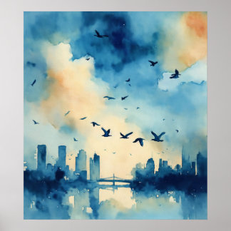 Poster Belle aquarelle bleu, oiseaux volant acro