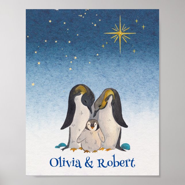 Poster Belle aquarelle de famille de pingouins (Devant)