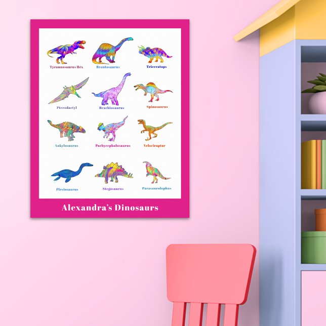 Poster Belle aquarelle Dinosaur avec les noms rose Post (Colorful Dinosaurs with names girls custom educational poster)