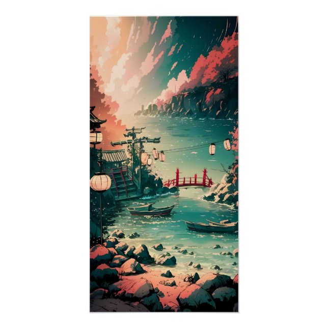 Poster Belle Aquarelle japonaise scène portuaire (Devant)