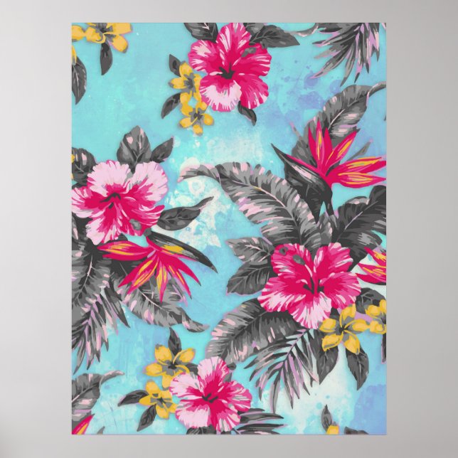 Poster Belle aquarelle tropicale à peinture florale (Devant)