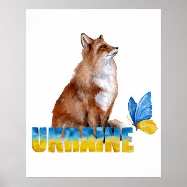 Poster Belle aquarelle Ukraine Fox et papillon (Devant)