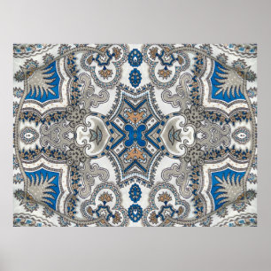 Poster Belle arabesque blanche et bleue, motif islamique